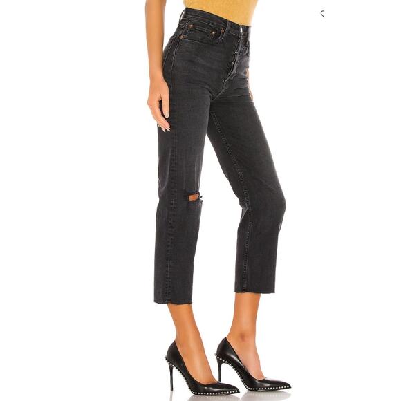 Re/Done Ultra High Rise Stove Pipe Jeans in Vintage Black Destroy Size 26 - Picture 2 of 13